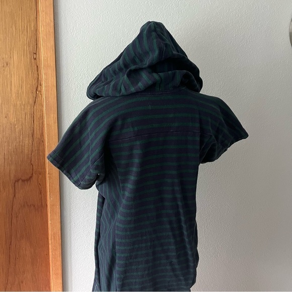 SACAI sz 2 M Navy Blue Green Striped Hooded Dress Short Sleeve Half Zip - Picture 9 of 14
